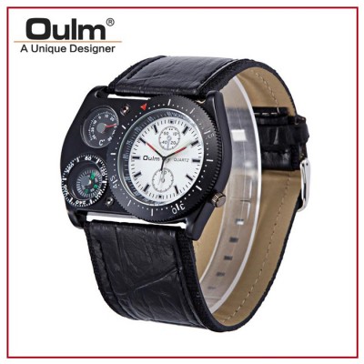 OULM HP4094 Mens Leather Strap Quartz Watch with Movement Compass and Thermometer Analog Display White